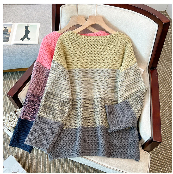 Damski oversize sweter dzianinowy z wzorem patchworkowym – Melina