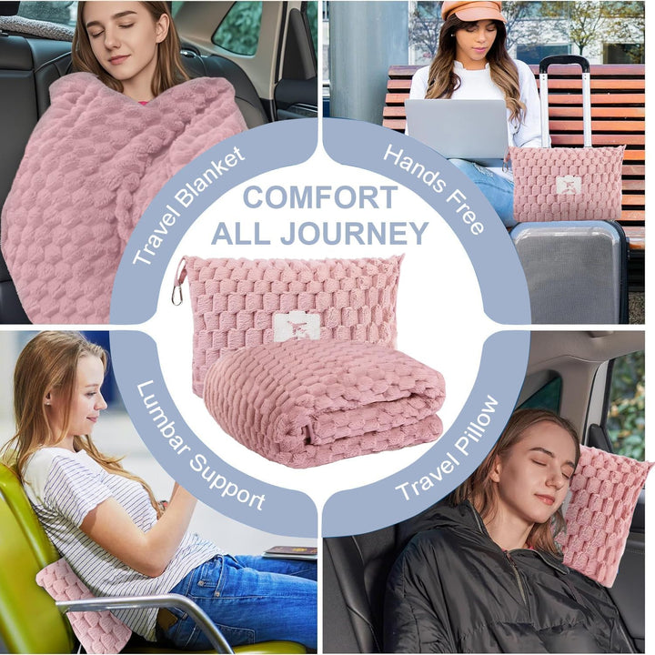 Pakowalny flanelowy koc podróżny z kieszenią na poduszkę i otworem na bagaż – Trevora