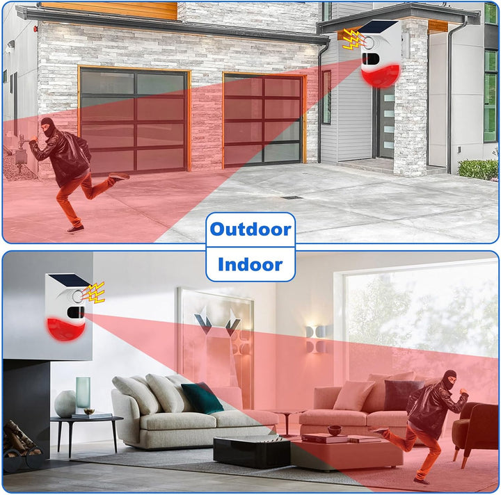 Alarm z czujnikiem ruchu solarnym z syreną 120 dB i stroboskopem LED – Feronix