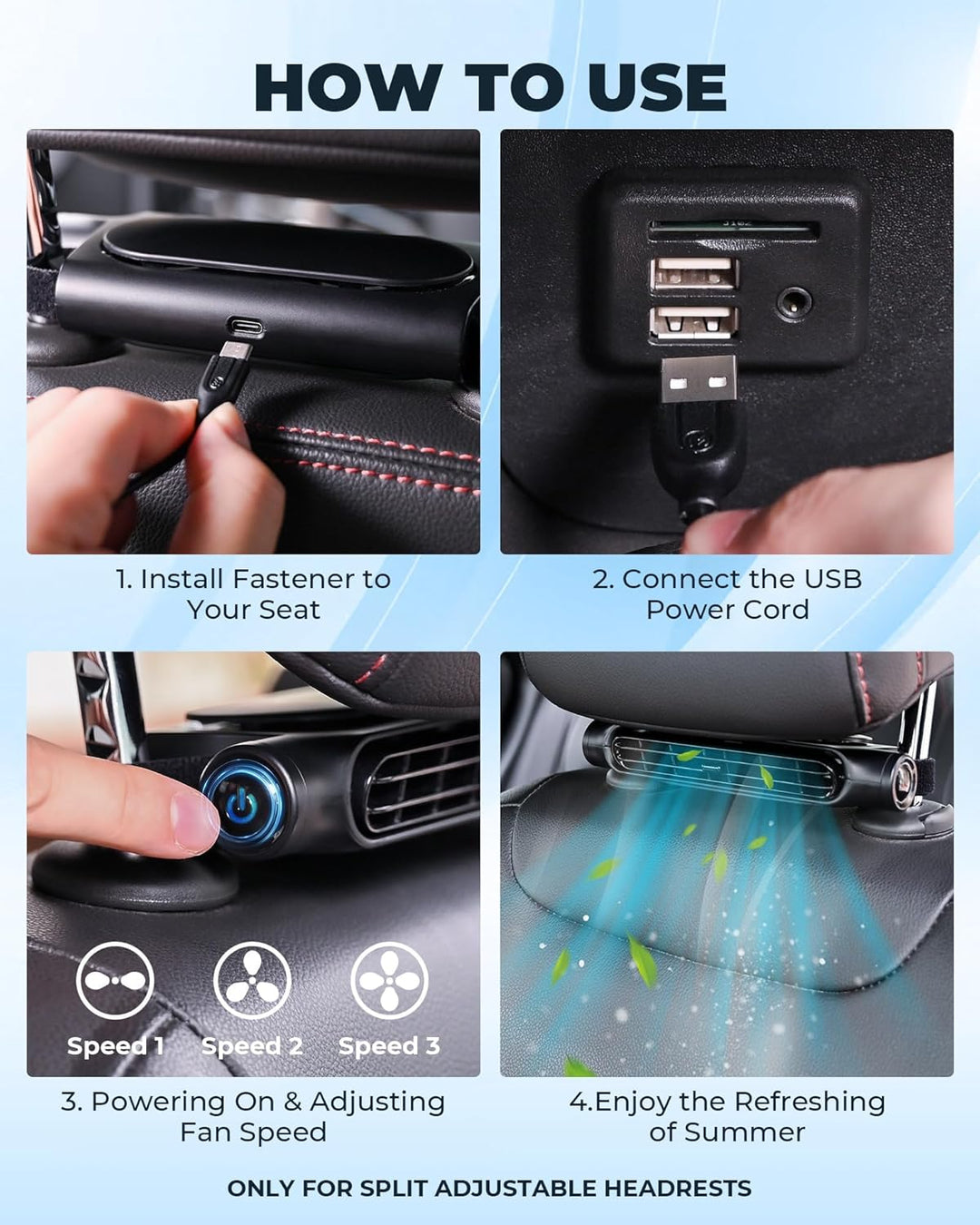 3 prędkości wentylatora chłodzącego USB do samochodu i uchwyt na zagłówki – AutoBreeze (1+1 GRATIS)