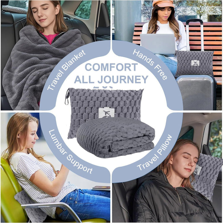 Pakowalny flanelowy koc podróżny z kieszenią na poduszkę i otworem na bagaż – Trevora