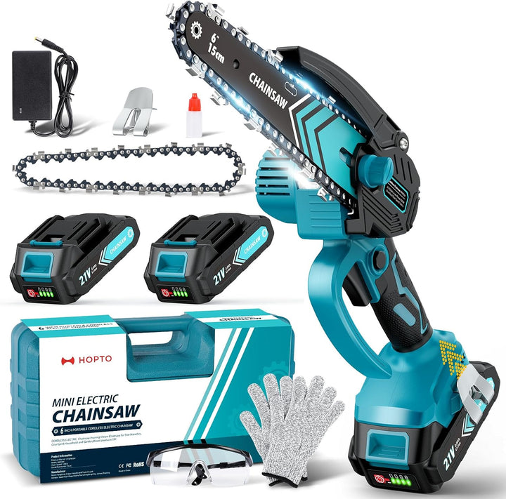 Akumulatorowa mini piła łańcuchowa 15.24 cm z lampą LED i akumulatorem 21V – TimberCut