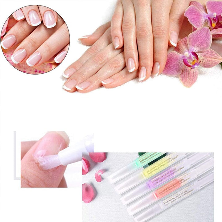 Dłonie z francuskim manicure obok różowych storczyków, pędzelek przy skórce i rząd kolorowych pisaków 10