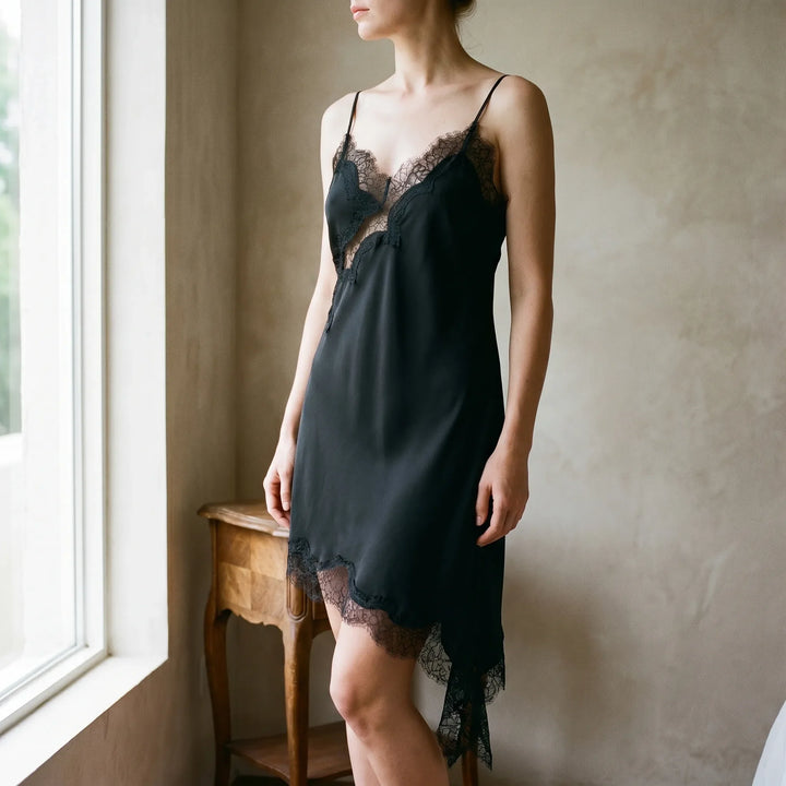 Asymmetric Lace Slip Dress -  Mable
