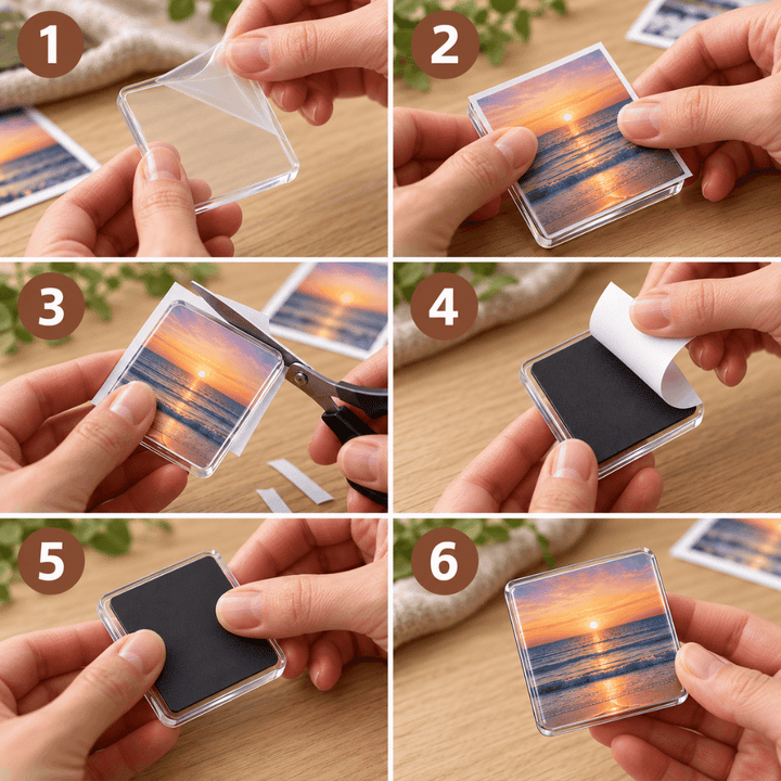 Sześć kroków składania magnesu: zdjęcie w akrylu, docięcie nożyczkami i przyklejenie czarnego magnesu z tyłu 5