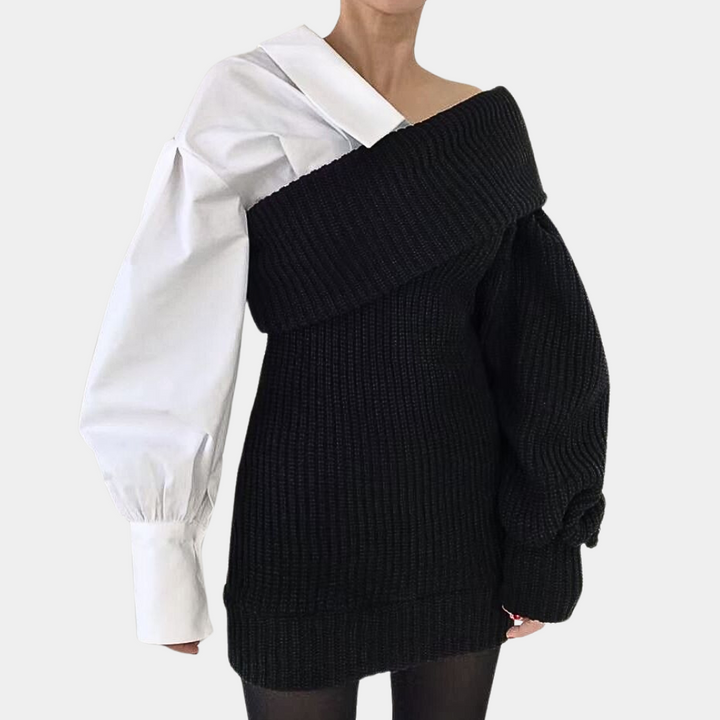 Dzianinowa sukienka off-shoulder z kontrastowymi rękawami – Selina