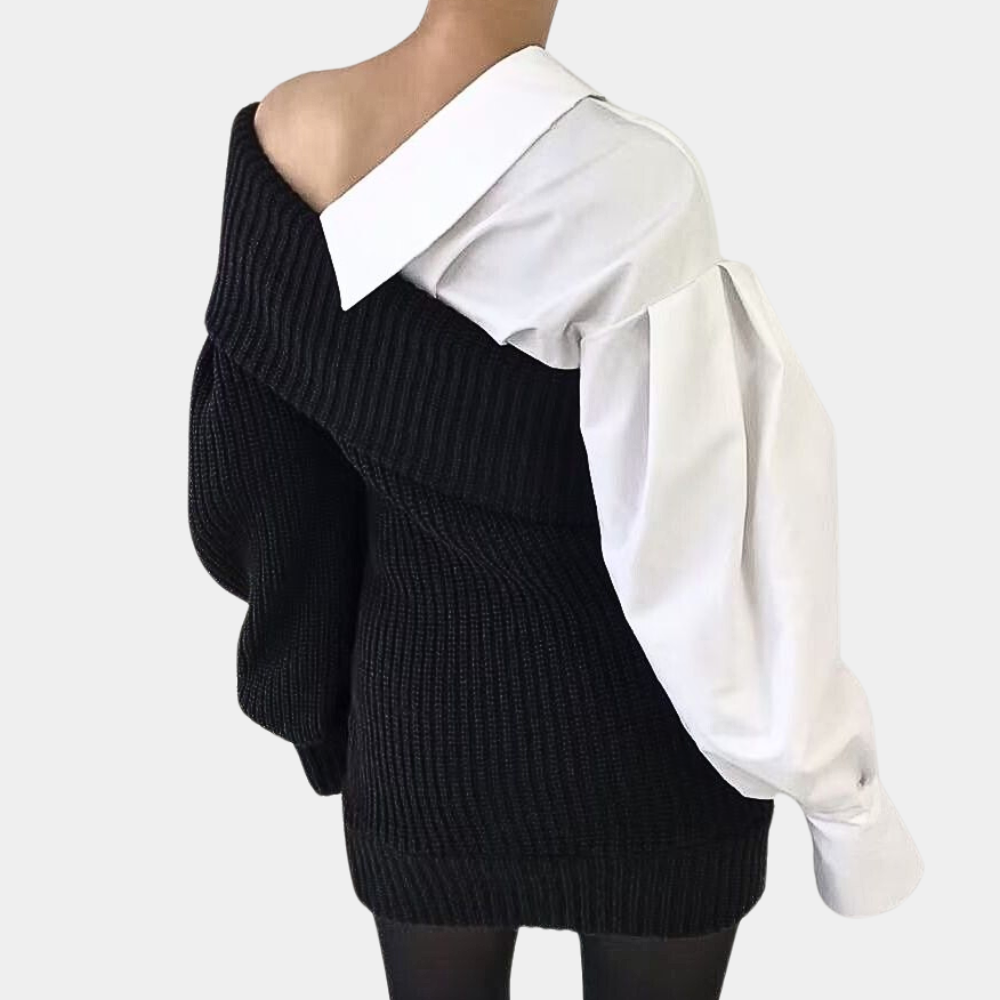 Dzianinowa sukienka off-shoulder z kontrastowymi rękawami – Selina