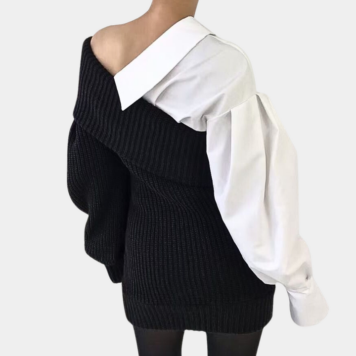 Dzianinowa sukienka off-shoulder z kontrastowymi rękawami – Selina