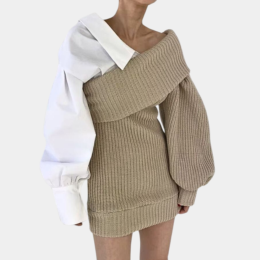 Dzianinowa sukienka off-shoulder z kontrastowymi rękawami – Selina