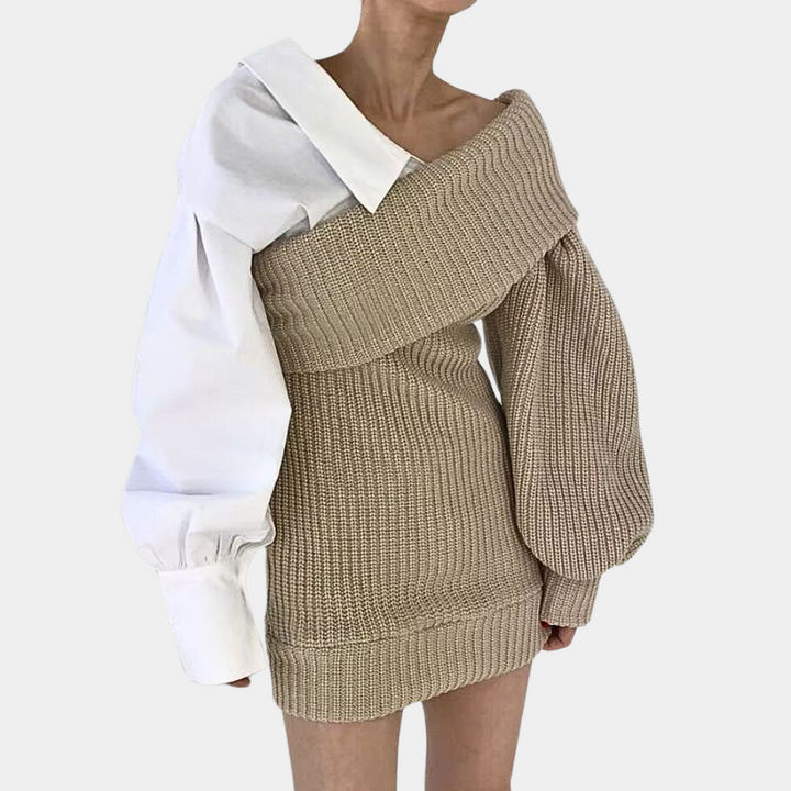Dzianinowa sukienka off-shoulder z kontrastowymi rękawami – Selina