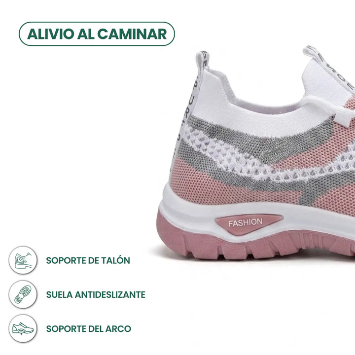 Tył białego sneakersa z różowo-szarą siateczką i różową podeszwą, z opisem wsparcia pięty, antypoślizgowej podeszwy i podparcia łuku. 22