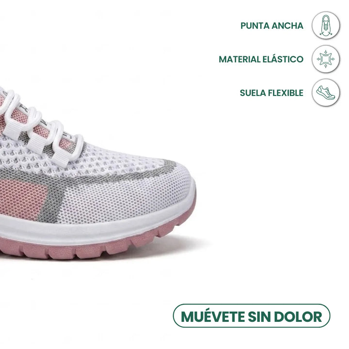 Przód białego sneakersa z różowymi i szarymi wstawkami z siateczki, szeroki nosek, obok ikony szerokiej, elastycznej i giętkiej konstrukcji. 23
