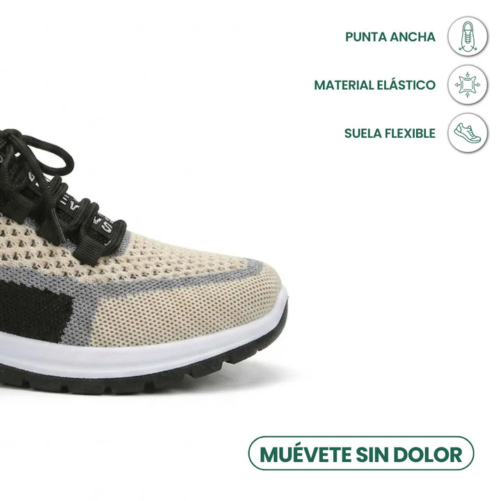 Zbliżenie na przód beżowego sneakersa z oddychającej siateczki z czarną wstawką, szarymi obszyciami i szeroką, białą podeszwą; obok ikony z cechami buta. 41