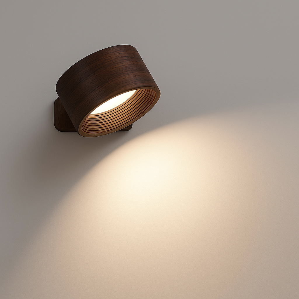 Lampa ścienna w ciemnym orzechowym wykończeniu z karbowanym wnętrzem, oświetlająca szarą ścianę ciepłym światłem. 4