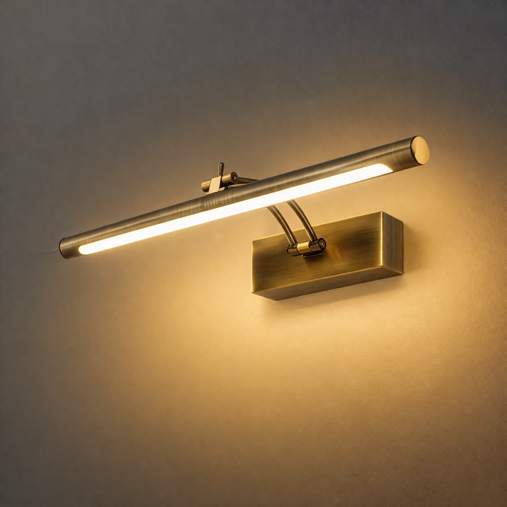 Włączona lampa z okrągłą rurą świetlną w kolorze antycznego mosiądzu świeci ciepło na szarej ścianie 16