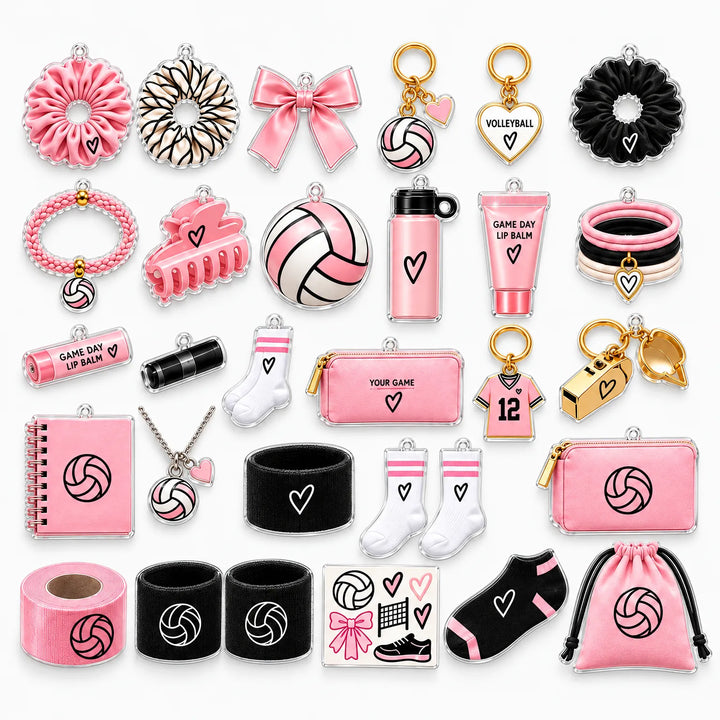 Wszystkie małe zawieszki z kalendarza rozłożone na białym tle: scrunchie, opaski, skarpetki, kosmetyczki, gwizdek i inne 2