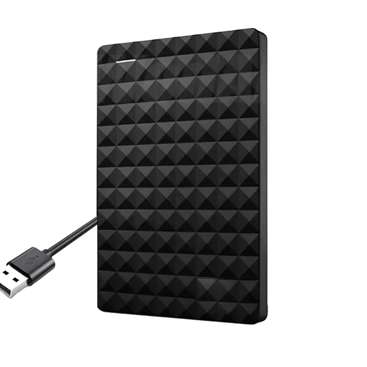 Czarny dysk z wypukłym wzorem w romby i podłączonym kablem USB, widok z przodu pod kątem 1