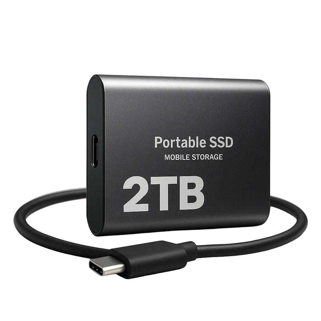 Czarny metalowy dysk SSD ze złączem USB-C i zwiniętym czarnym kablem na białym tle 1