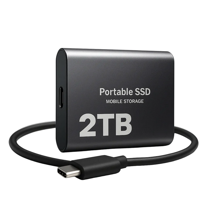 Czarny metalowy dysk SSD ze złączem USB-C i zwiniętym czarnym kablem na białym tle 1