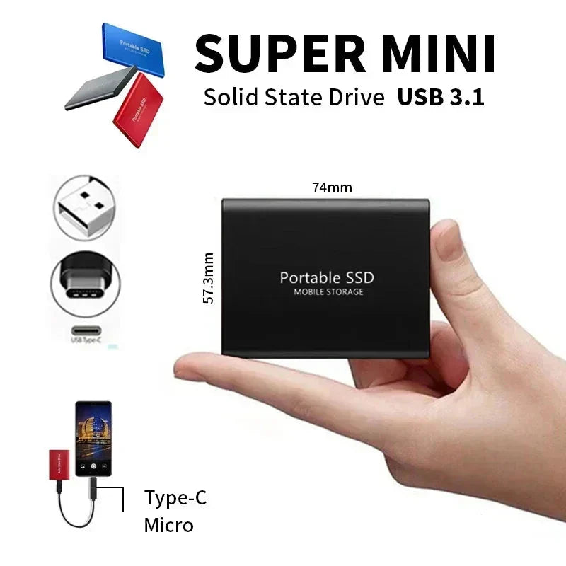 Czarny dysk trzymany na dłoni pokazuje jego niewielki rozmiar, obok widoczne wymiary, wtyki USB oraz telefon podłączony 4