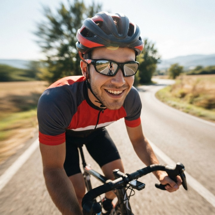 Uśmiechnięty rowerzysta w kasku i koszulce kolarskiej jedzie szosą w okularach sportowych z lustrzanymi szkłami 2