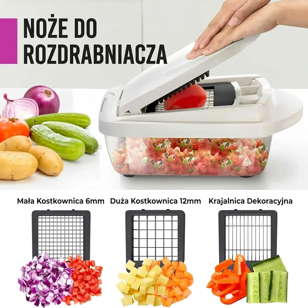 Krajalnica do warzyw | Krojenie w kostkę, plasterkowanie i tarcie | Pojemnik zbierający & uchwyt ochronny
