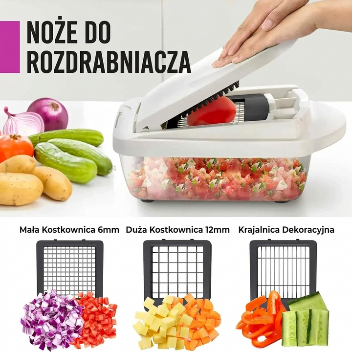 Krajalnica do warzyw | Krojenie w kostkę, plasterkowanie i tarcie | Pojemnik zbierający & uchwyt ochronny