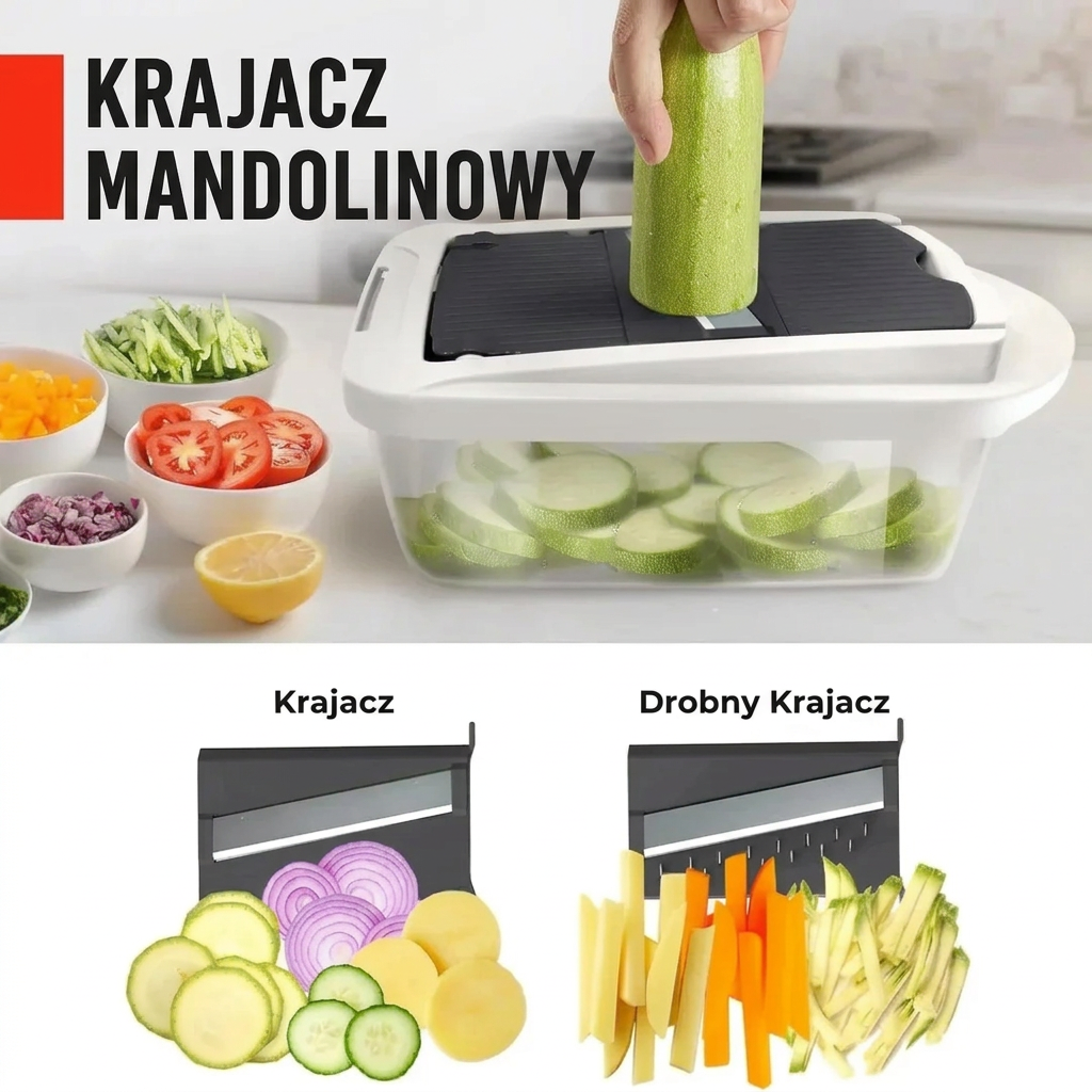 Krajalnica do warzyw | Krojenie w kostkę, plasterkowanie i tarcie | Pojemnik zbierający & uchwyt ochronny