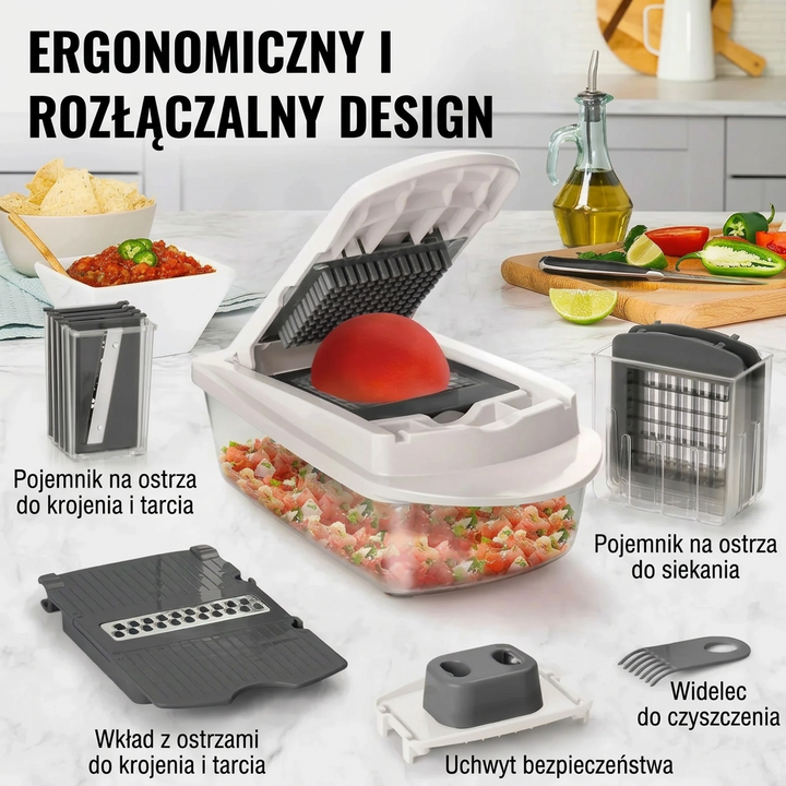 Krajalnica do warzyw | Krojenie w kostkę, plasterkowanie i tarcie | Pojemnik zbierający & uchwyt ochronny