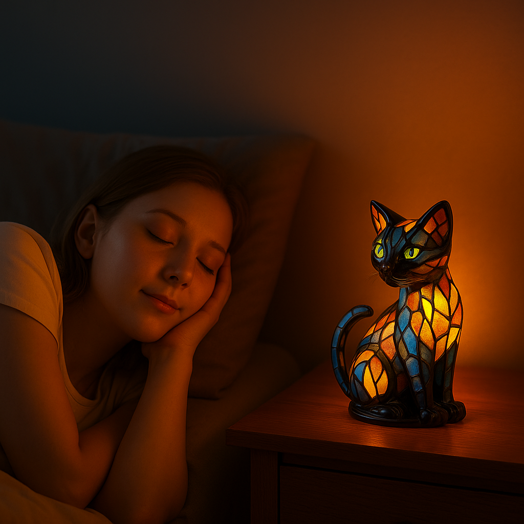 Rozświetlony kot-lampa na nocnej szafce obok śpiącej kobiety, ciepłe pomarańczowe światło w ciemnej sypialni 2