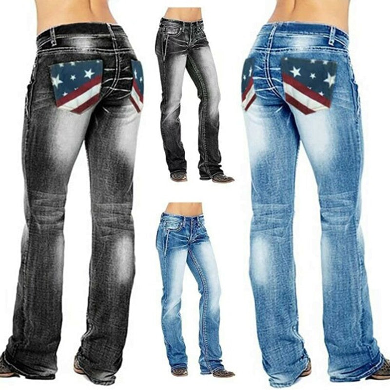 Damskie dżinsy bootcut z detalami w flagi – Madison