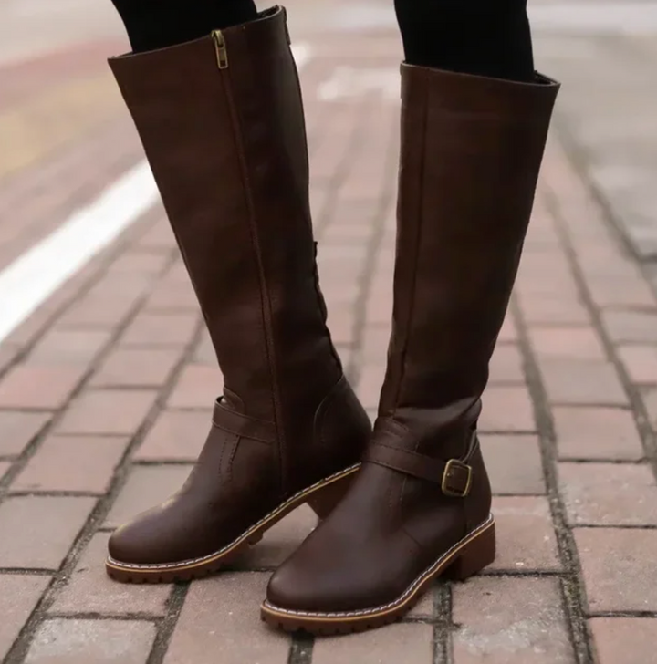 Knee-High Buckle Strap Riding Boot - Sheryl