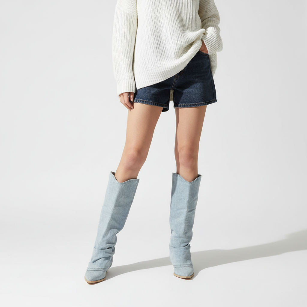  Kniehohe Denim Stiefel - Angela