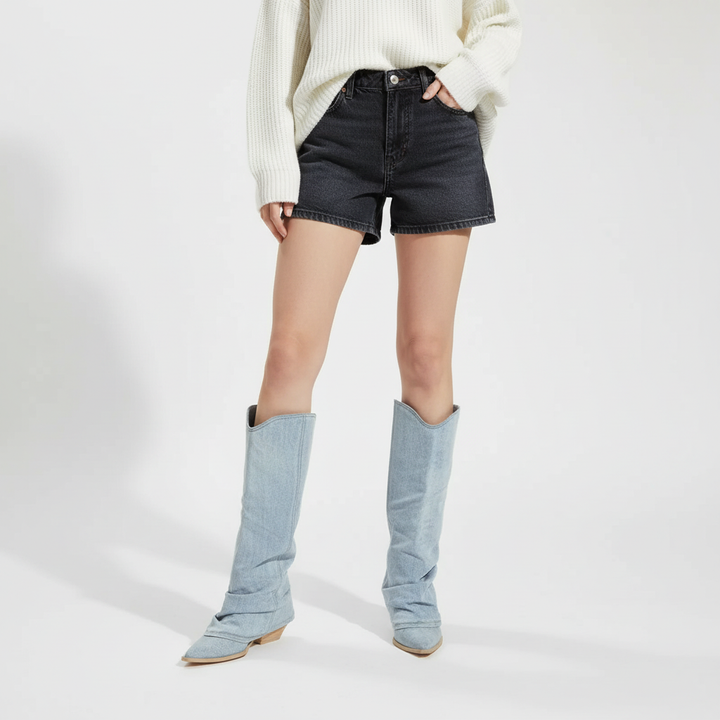  Kniehohe Denim Stiefel - Angela