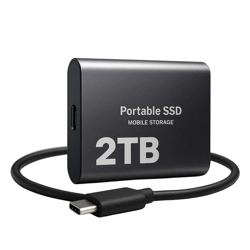 Czarny metalowy dysk SSD z zawiniętym czarnym kablem zakończonym wtyczką USB-C, na białym tle 1
