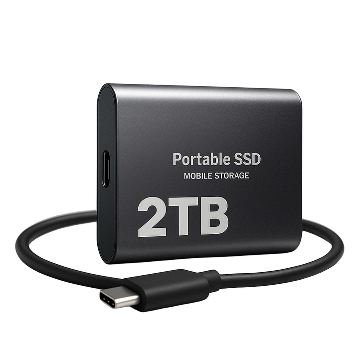 Czarny metalowy dysk SSD z zawiniętym czarnym kablem zakończonym wtyczką USB-C, na białym tle 1