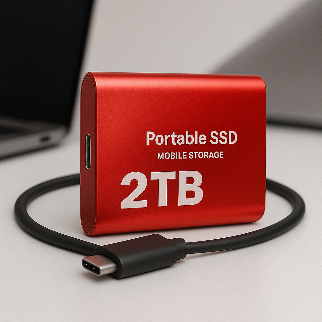 Czerwony dysk SSD z kablem USB-C na jasnym blacie, w tle rozmyty laptop 3