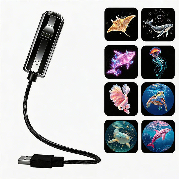 Czarny projektor z kablem USB obok ośmiu slajdów z morskimi zwierzętami: manta, wieloryb, żółw, delfin 8