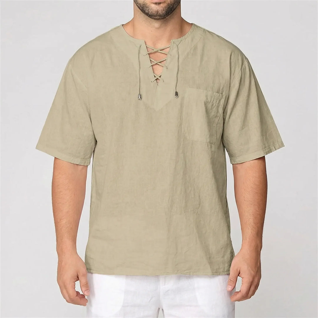 Loose V-Neck Lace-Up Pullover Top - Ian