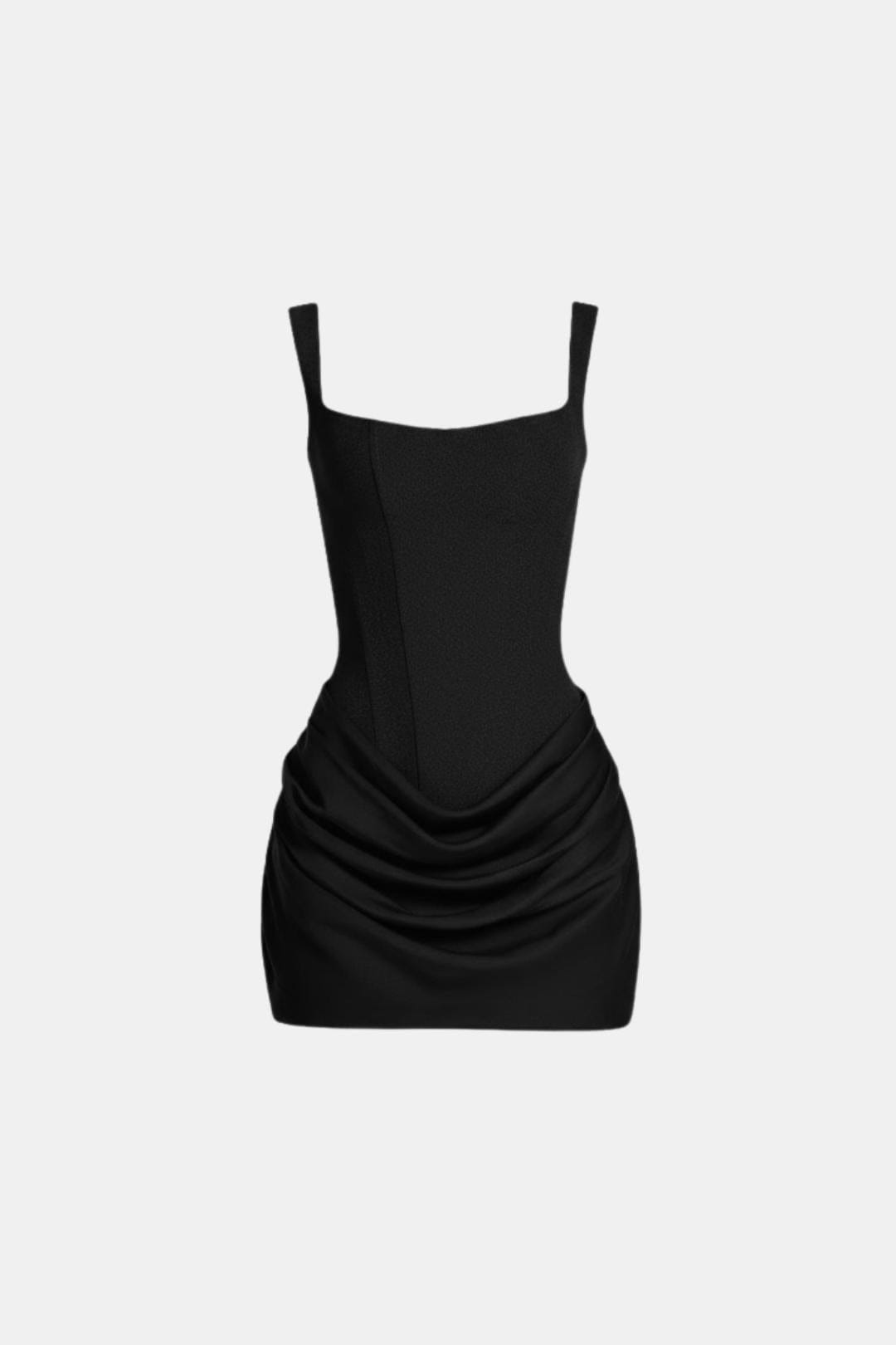 Boned Bodice Mini Dress with Square Neck Cowl Skirt Lace-Up Back 10