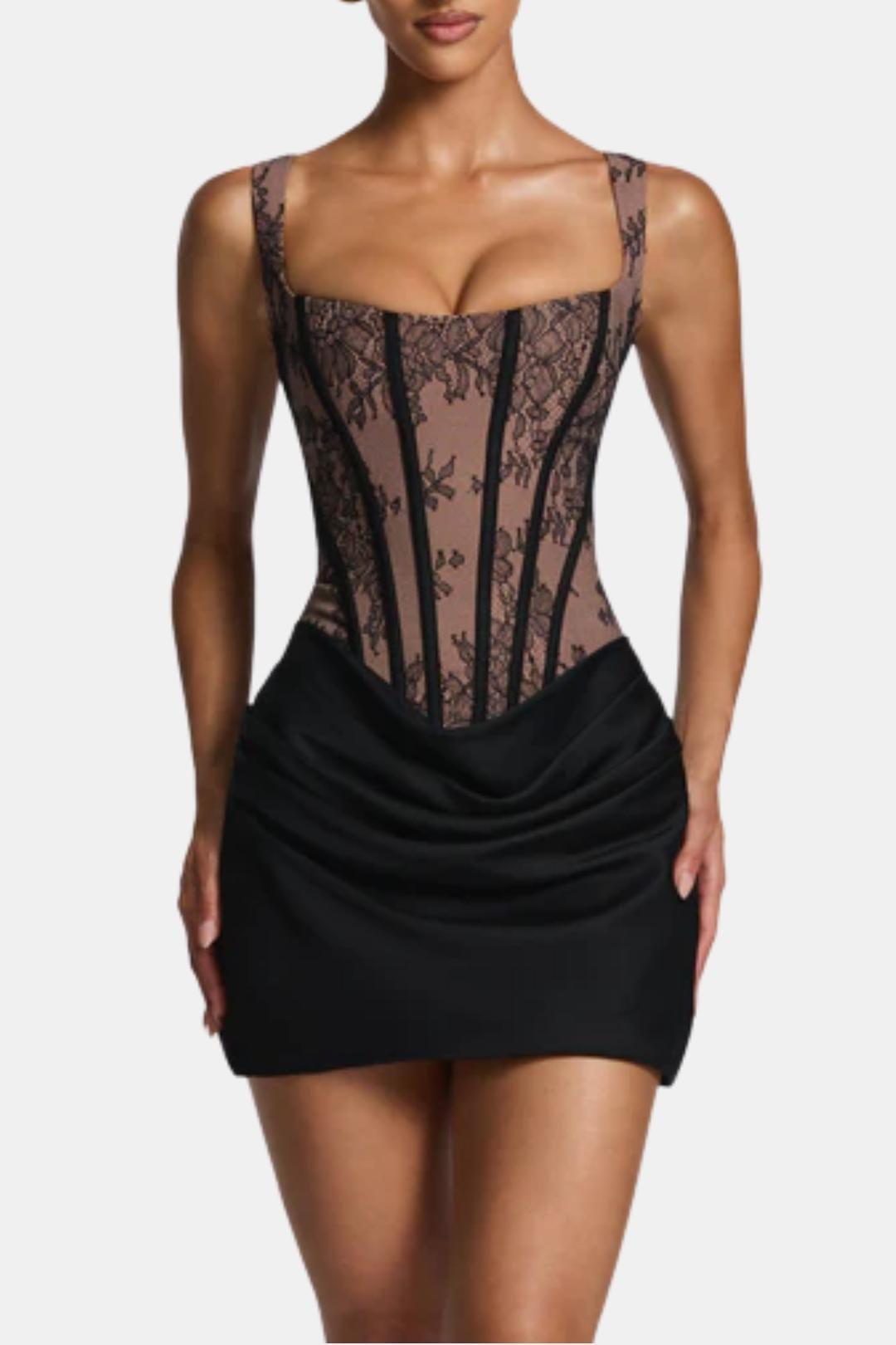 Boned Bodice Mini Dress with Square Neck Cowl Skirt Lace-Up Back 15