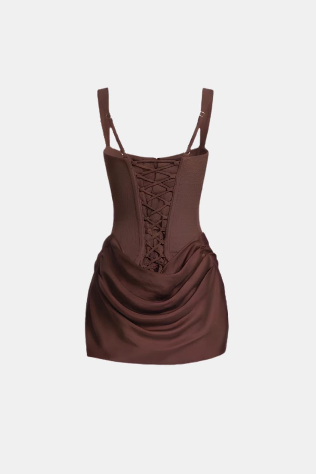 Boned Bodice Mini Dress with Square Neck Cowl Skirt Lace-Up Back 6