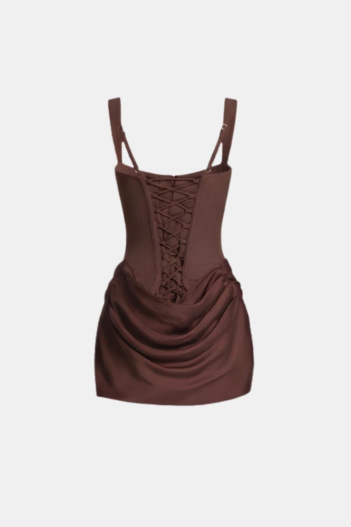 Boned Bodice Mini Dress with Square Neck Cowl Skirt Lace-Up Back 6