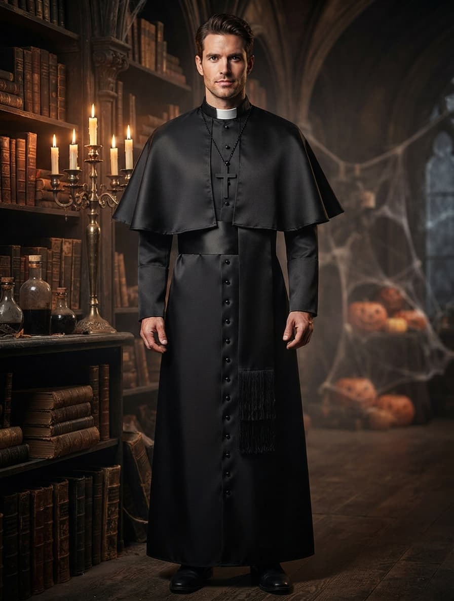 Mężczyzna w czarnej sutannie z peleryną i krzyżem pozuje w mrocznej bibliotece z dyniami i świecami 1