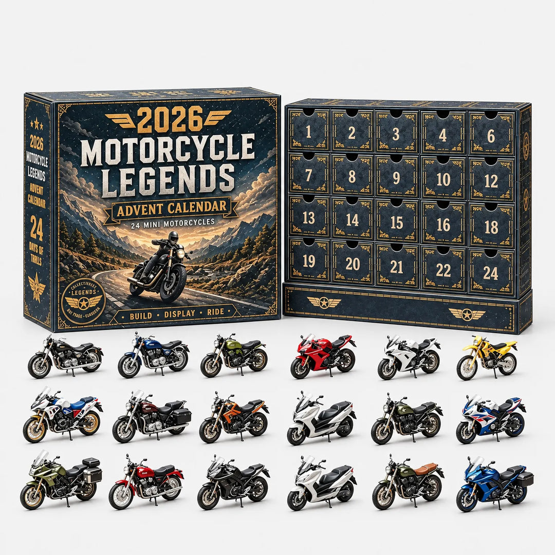 Granatowe pudełko ze złotymi zdobieniami, kalendarz z numerowanymi szufladkami i rząd miniaturowych motocykli w różnych kolorach na jasnym tle. 2