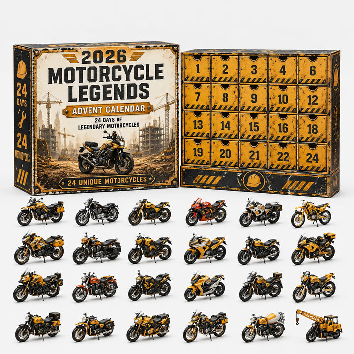 Czarno-żółte pudełko w stylu placu budowy, kalendarz z szufladkami w żółtych odcieniach i dwadzieścia cztery miniaturowe motocykle, w tym dźwig na końcu. 6