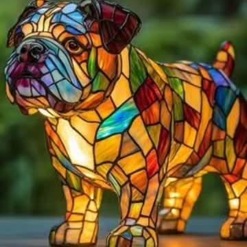 Buldog stojący bokiem, głowa lekko uniesiona, witrażowy wzór w żółciach, zieleniach i błękitach, w tle zielone rozmyte tło. 6