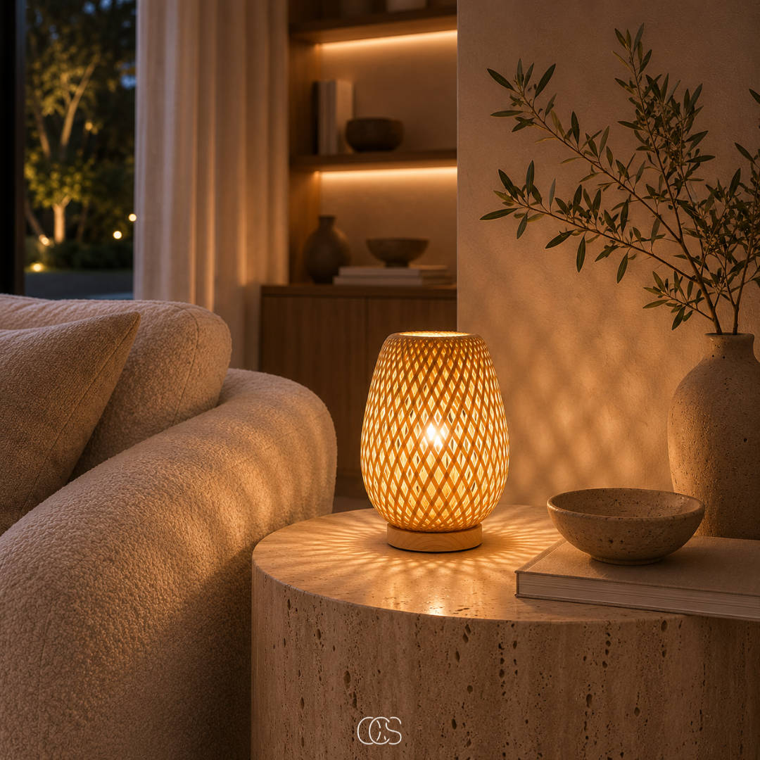Świecąca lampa na kamiennym stoliku przy sofie z beżowej tkaniny, obok książki, misy i dużego wazonu z gałęziami oliwki. 5