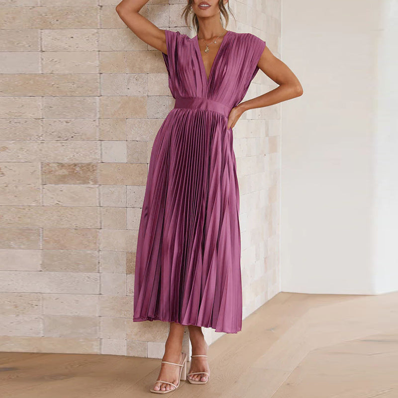 Pleated Midi Dress With V-Neckline - Sandy