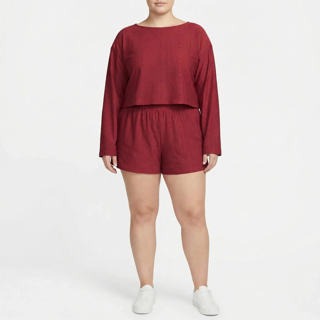 Plus Size Crew Neck Long Sleeve Top And Shorts Set - Charlene